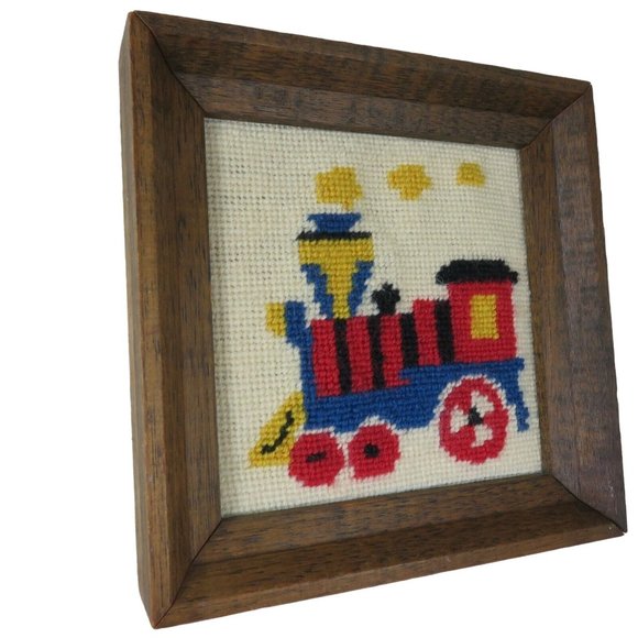 Train Engine Needlepoint Finished Framed Embroidery Triptych Effect Vintage - Picture 6 of 9